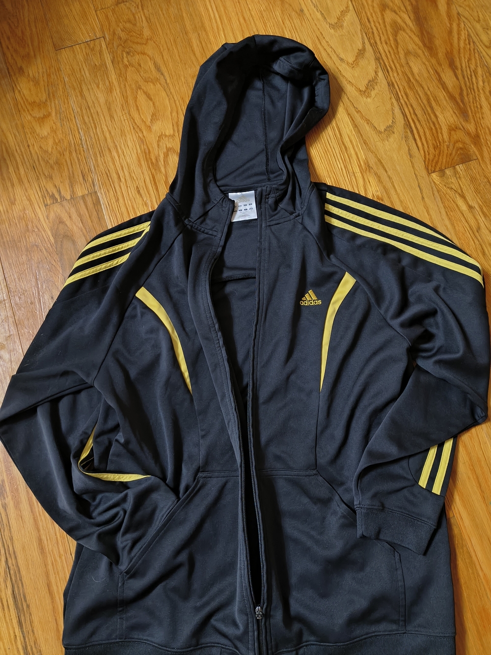 adidas Black Hooded Performance Jacket with Yellow Stripes